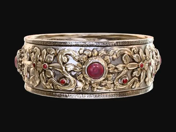 3D model for sterling silver cuff bracelet with ornate etched carvings and gemstones