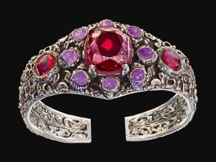 3D model for sterling silver cuff bracelet with ornate etched carvings and gemstones