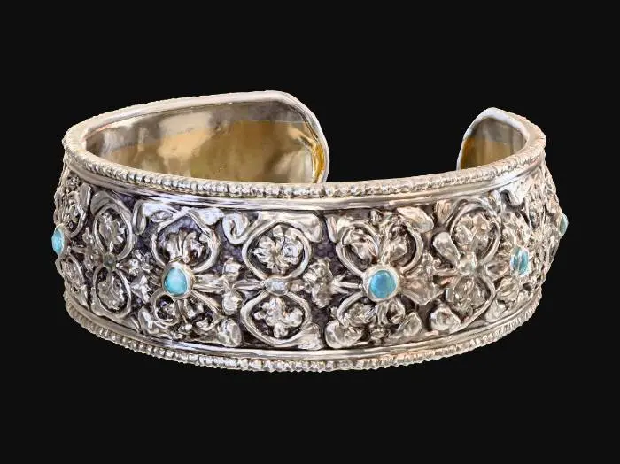 3D model for sterling silver cuff bracelet with ornate etched carvings and gemstones