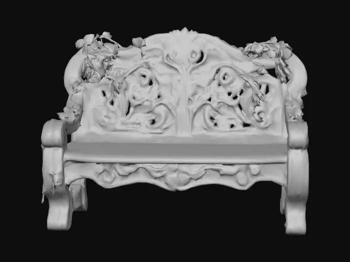3D model for carved wooden bench with ivy and moss on it, game ready, highly detailed