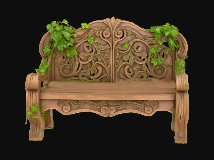 3D model for carved wooden bench with ivy and moss on it, game ready, highly detailed
