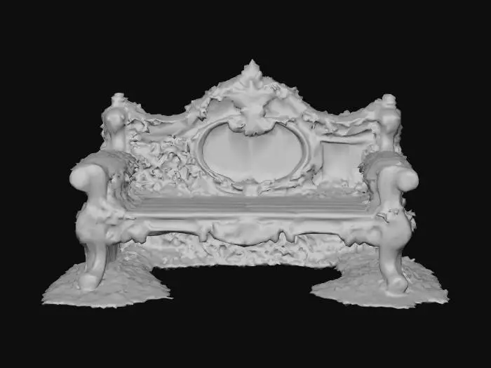 3D model for carved wooden bench with ivy and moss on it, game ready, highly detailed