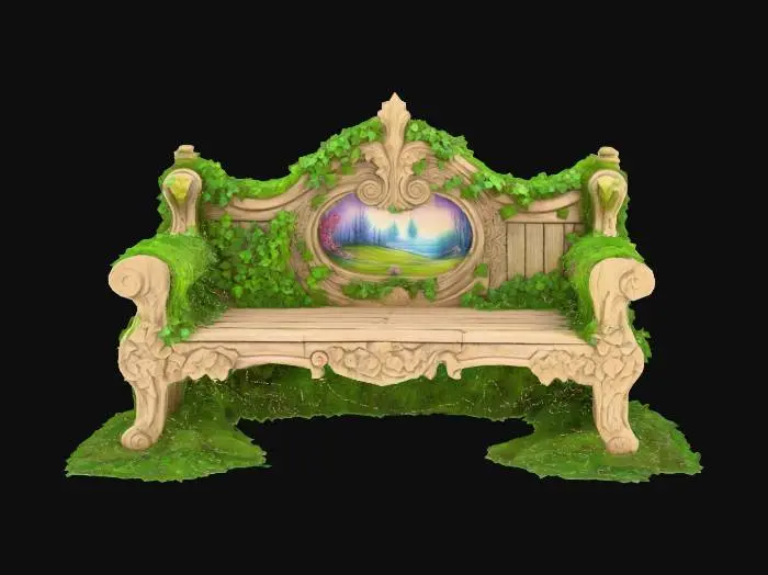 3D model for carved wooden bench with ivy and moss on it, game ready, highly detailed