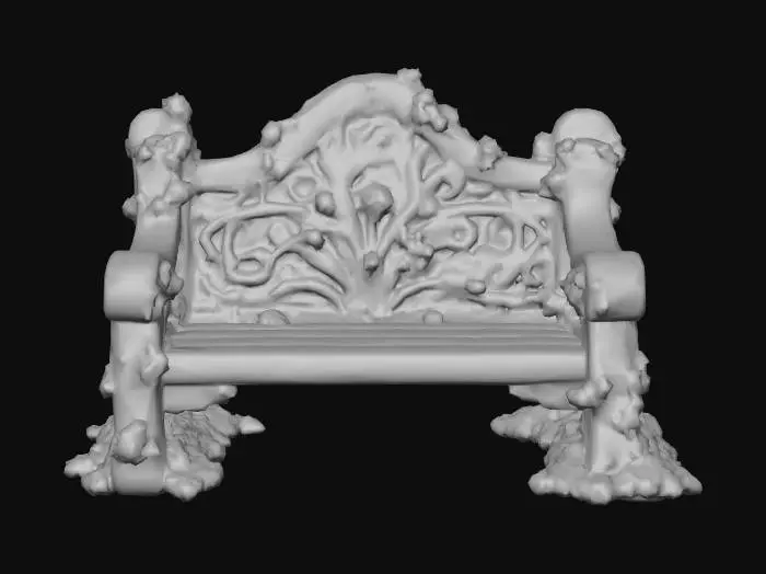 3D model for carved wooden bench with ivy and moss on it, game ready, highly detailed