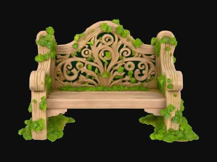 3D model for carved wooden bench with ivy and moss on it, game ready, highly detailed