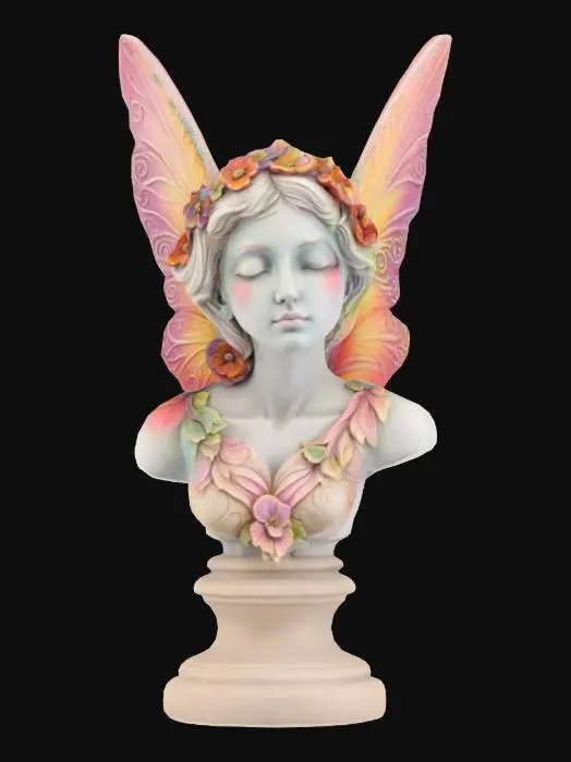 3D model for Fairy stone bust fantasy ornate flowers and ornate wings, colorful, Hand Painted, Carved, Polished, Highly Detailed, 