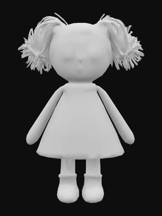 3D model for rag doll with a patchwork dress and yarn hair, Vintage, Fabric, Highly Detailed, A-pose, Symmetrical Body