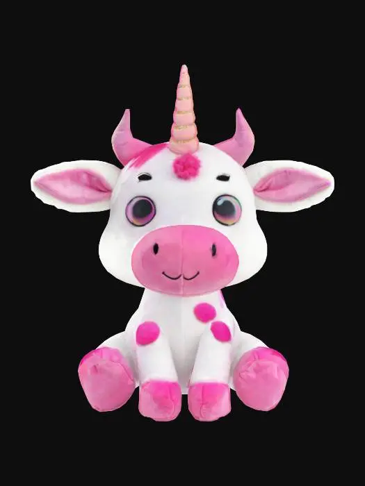 3D model for pink spotted cow with unicorn horn, Symmetrical Body, Sitting, plushie, toy, soft, Fabric, Fluffy