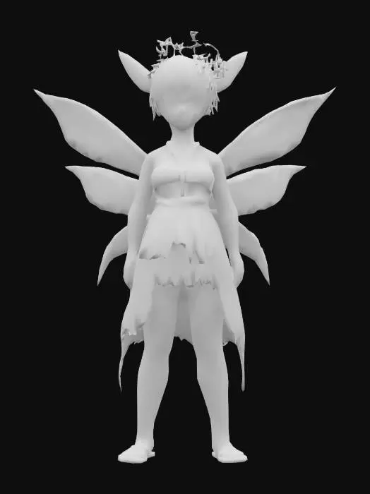 3D model for An Elf in the style of nature with leaves and flowers, Pointy elf ears, Freckles on her face, small luminous wings,, League of Legends, Fantasy, Highly Detailed, A-pose, Full Body, Symmetrical Body,  