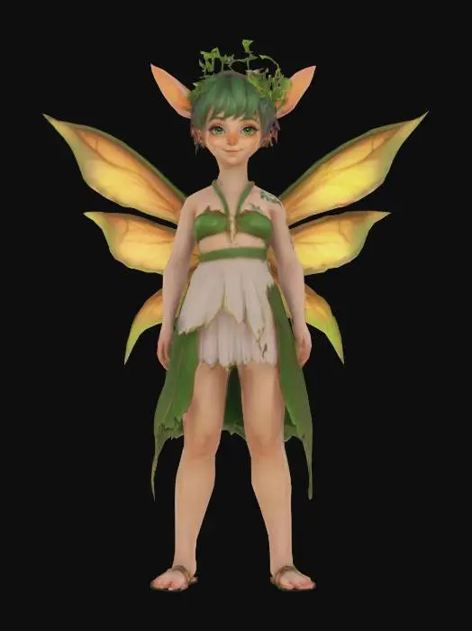 3D model for An Elf in the style of nature with leaves and flowers, Pointy elf ears, Freckles on her face, small luminous wings,, League of Legends, Fantasy, Highly Detailed, A-pose, Full Body, Symmetrical Body,  