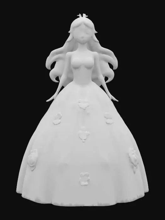 3D model for Pretty lady with her hair long and flowing wearing a ball gown that has 3D puffy flowers all over it, Fantasy, Pixar Style, Highly Detailed, Symmetrical Body, A-pose, Full Body