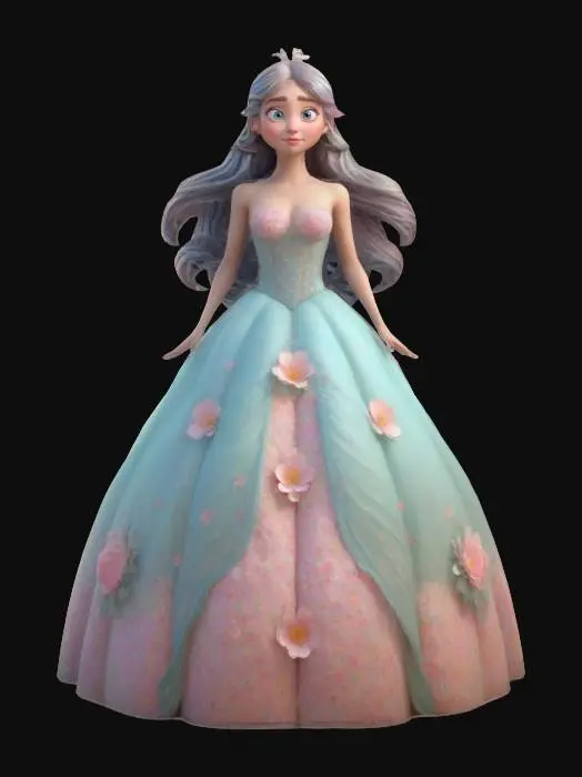 3D model for Pretty lady with her hair long and flowing wearing a ball gown that has 3D puffy flowers all over it, Fantasy, Pixar Style, Highly Detailed, Symmetrical Body, A-pose, Full Body