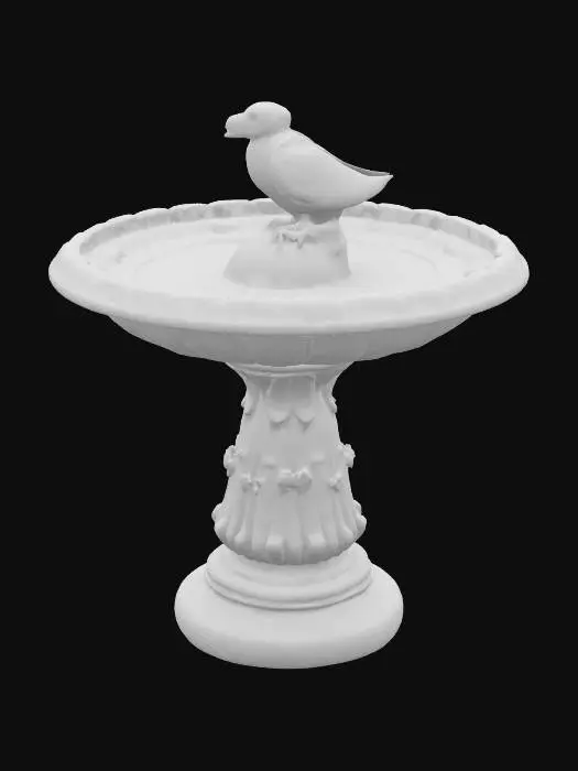 3D model for stone birdbath with a stone simple bird sitting on the rim. The bowl of the birdbath is on a ornate carved stone pedestal. , Game Assets, Copper, Highly Detailed, Ultra Realistic, Carved