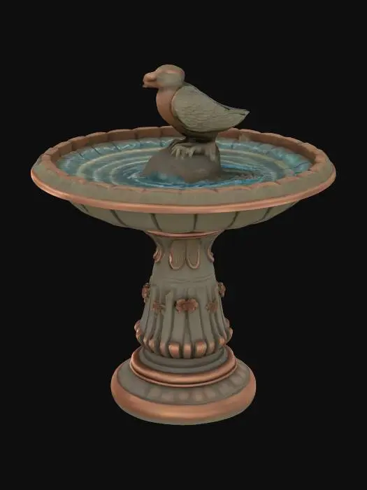 3D model for stone birdbath with a stone simple bird sitting on the rim. The bowl of the birdbath is on a ornate carved stone pedestal. , Game Assets, Copper, Highly Detailed, Ultra Realistic, Carved