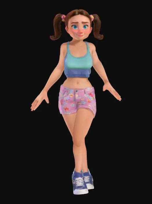 3D model for lady in shorts and a flowered top. She should have hair in pigtails and wearing sneakers. , Pixar Style, Highly Detailed, T-pose, Symmetrical Body, Full Body