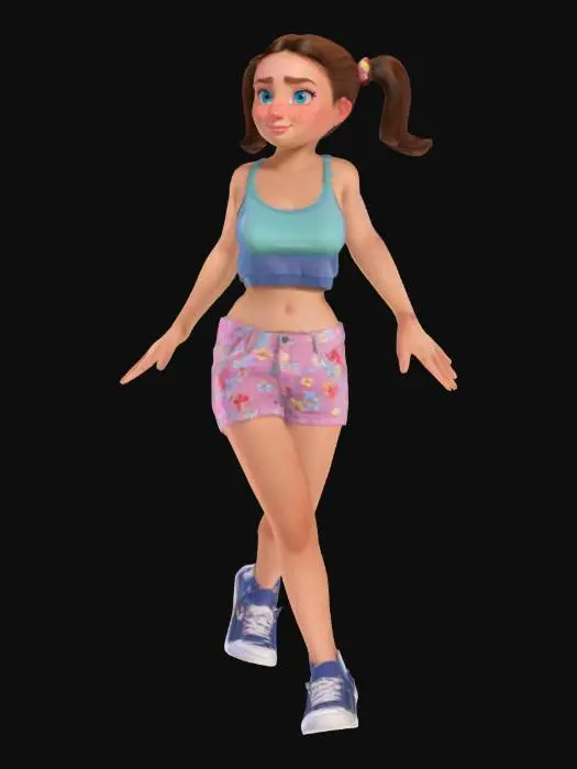 3D model for lady in shorts and a flowered top. She should have hair in pigtails and wearing sneakers. , Pixar Style, Highly Detailed, T-pose, Symmetrical Body, Full Body