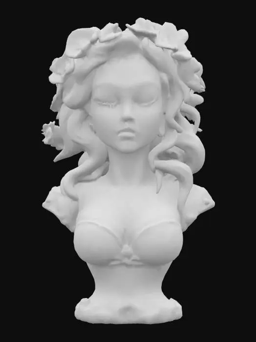 3D model for bust statue of a pretty mermaid with seashells and coral and flowers in her hair. Fantasy, Ceramic, Stained Glass, Gemstone, Highly Detailed, Polished, Game of Thrones, glossy
