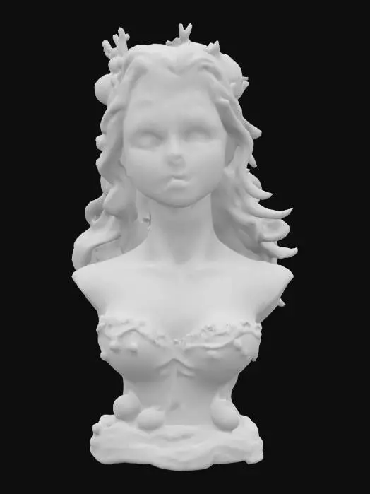 3D model for bust statue of a pretty mermaid with seashells and coral and flowers in her hair. Fantasy, Ceramic, Stained Glass, Gemstone, Highly Detailed, Polished, Game of Thrones, glossy