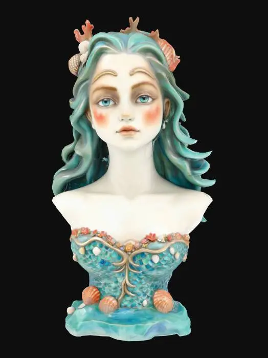 3D model for bust statue of a pretty mermaid with seashells and coral and flowers in her hair. Fantasy, Ceramic, Stained Glass, Gemstone, Highly Detailed, Polished, Game of Thrones, glossy
