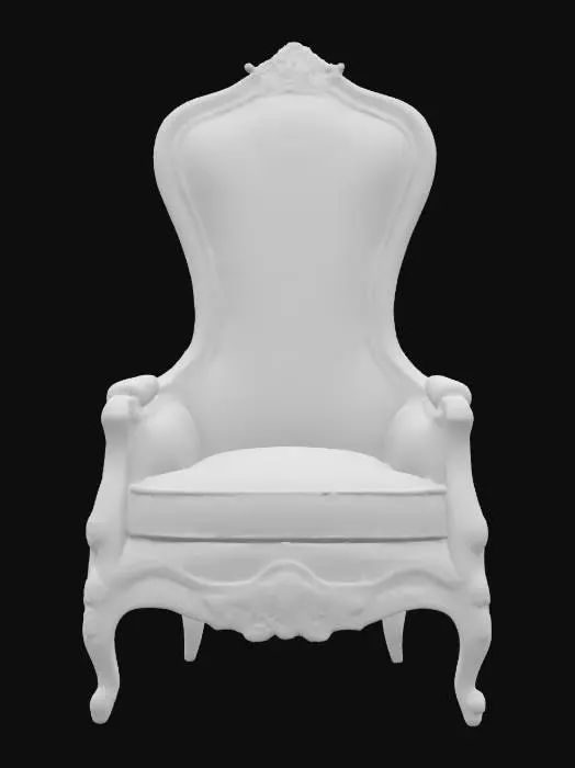 3D model for White ornate, French provincial, high back chair with pale pink velvet cushion and gold trim, Fantasy, Polished, Highly Detailed, Ultra Realistic, Wood, Carved