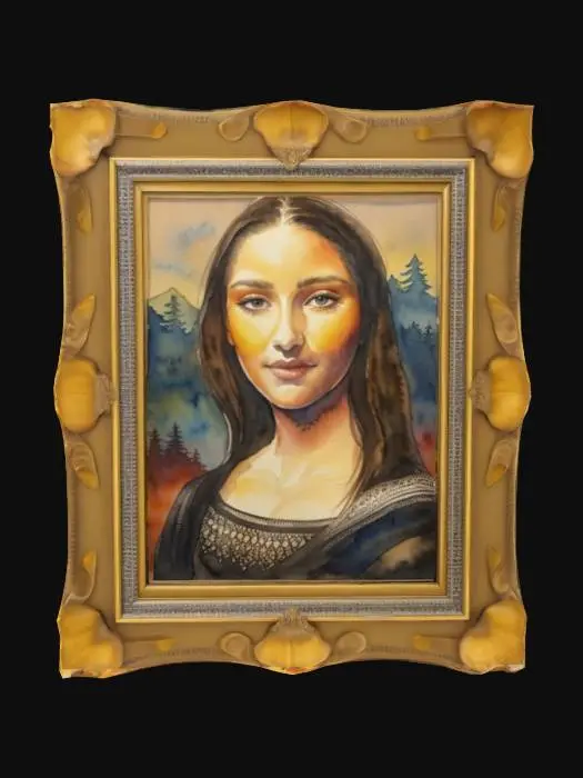 3D model for framed picture of the mona Lisa, Highly Detailed, Ultra Realistic,  