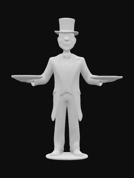 3D model for Pixar style glossy polished pewter statue of a butler with his arms outstretched in front of him, elbows bent slightly holding an polished glossy empty Pewter platter in his hands. , Highly Detailed, Polished, Symmetrical Body, Full Body