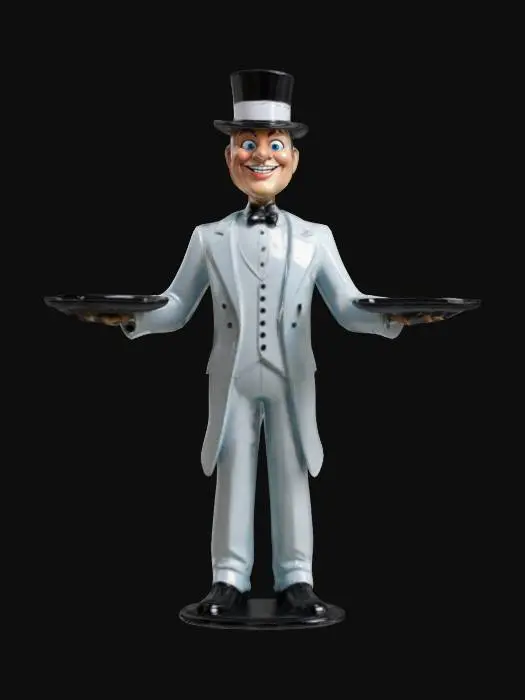 3D model for Pixar style glossy polished pewter statue of a butler with his arms outstretched in front of him, elbows bent slightly holding an polished glossy empty Pewter platter in his hands. , Highly Detailed, Polished, Symmetrical Body, Full Body