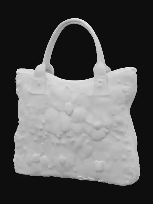 3D model for canvas bag with highly detailed embroidery details and design clear stitches and threads. Bright colorful yarn and thread. The bag is closed at the top with a zipper.