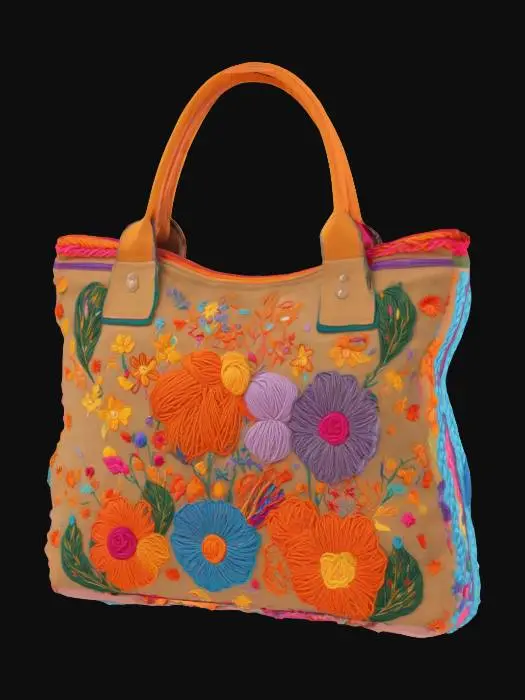 3D model for canvas bag with highly detailed embroidery details and design clear stitches and threads. Bright colorful yarn and thread. The bag is closed at the top with a zipper.