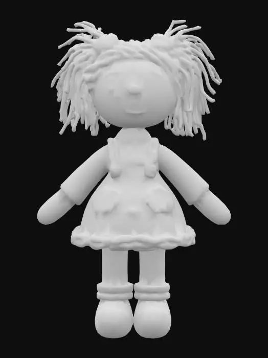 3D model for Rag doll made out of  fabric with highly detailed embroidery details and design clear stitches and threads. Bright colorful yarn and thread. And yarn hair. ,, Highly Detailed, Ultra Realistic, soft,  Stylized