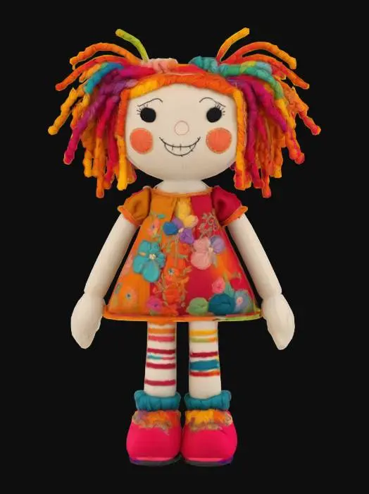 3D model for Rag doll made out of  fabric with highly detailed embroidery details and design clear stitches and threads. Bright colorful yarn and thread. And yarn hair. ,, Highly Detailed, Ultra Realistic, soft,  Stylized