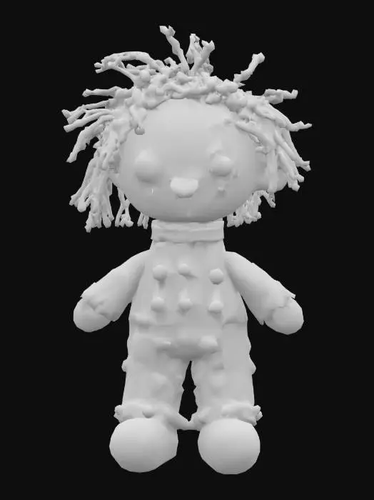 3D model for Rag doll made out of  fabric with highly detailed embroidery details and design clear stitches and threads. Bright colorful yarn and thread. And yarn hair. ,, Highly Detailed, Ultra Realistic, soft,  Stylized