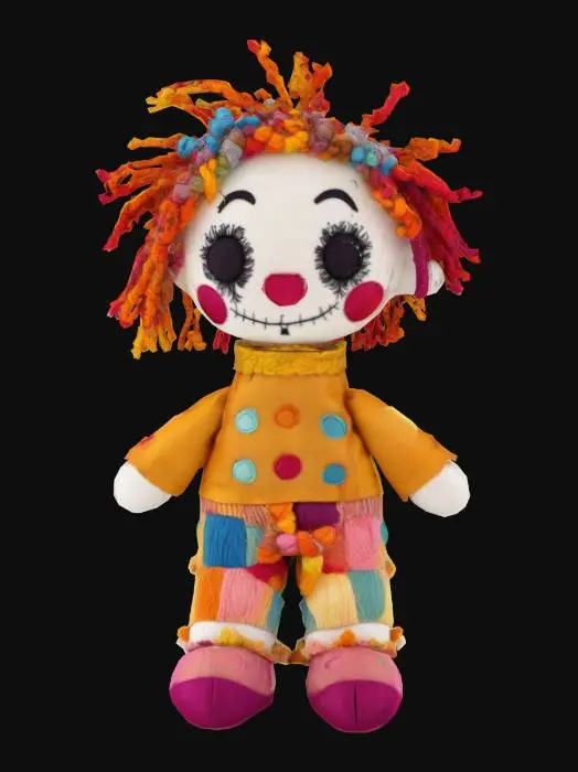 3D model for Rag doll made out of  fabric with highly detailed embroidery details and design clear stitches and threads. Bright colorful yarn and thread. And yarn hair. ,, Highly Detailed, Ultra Realistic, soft,  Stylized