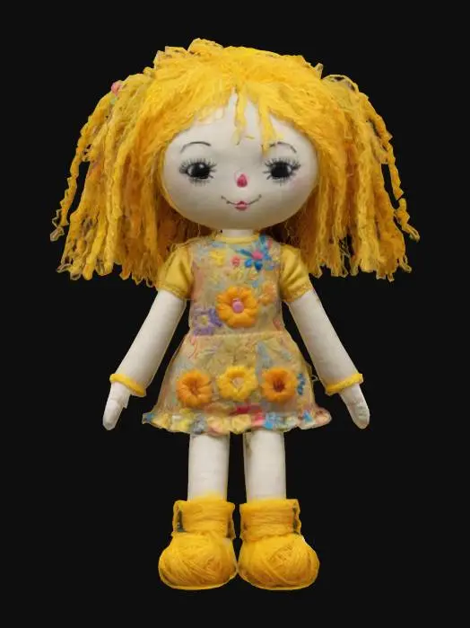 3D model for Rag doll made out of  fabric with highly detailed embroidery details and design clear stitches and threads. Bright colorful yarn and thread. And yarn hair. ,, Highly Detailed, Ultra Realistic, soft,  Stylized