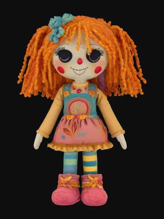 3D model for Rag doll made out of  fabric with highly detailed embroidery details and design clear stitches and threads. Bright colorful yarn and thread. And yarn hair. ,, Highly Detailed, Ultra Realistic, soft,  Stylized