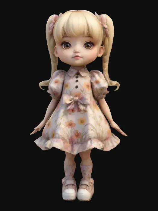 3D model for Chibi girl in dress with puffy sleeves