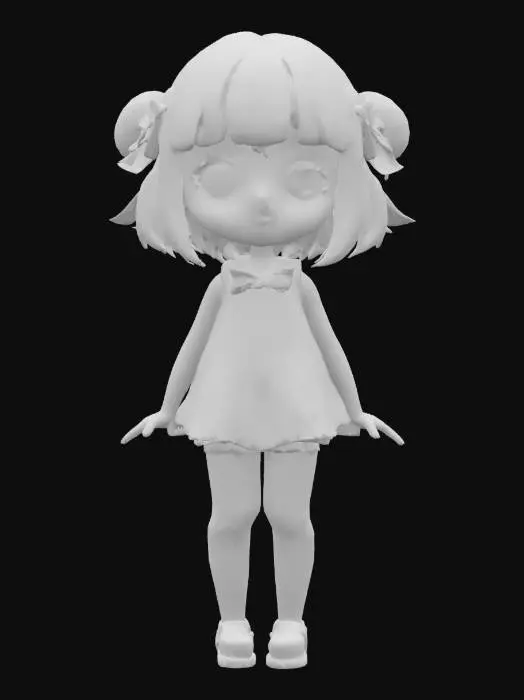 3D model for Cute Chibi girl wearing a soft pastel flower print dress and stocking tights with stripes on them. She has pale yellow hair. Her bows are pale pink and her shoes are pale blue. Clear clean bold deep lines, Highly Detailed, Ultra Realistic, Symmetrical Body, Full Body