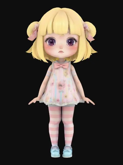 3D model for Cute Chibi girl wearing a soft pastel flower print dress and stocking tights with stripes on them. She has pale yellow hair. Her bows are pale pink and her shoes are pale blue. Clear clean bold deep lines, Highly Detailed, Ultra Realistic, Symmetrical Body, Full Body