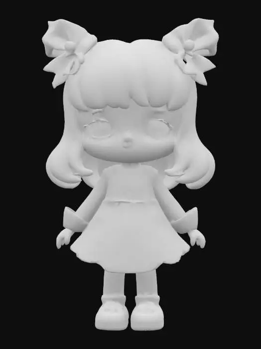 3D model for Cute Chibi girl wearing a soft pastel flower print dress and stocking tights with stripes on them. She has pale yellow hair. Her bows are pale pink and her shoes are pale blue. Clear clean bold deep lines, Highly Detailed, Ultra Realistic, Symmetrical Body, Full Body