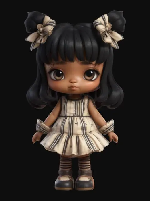 3D model for Cute Chibi girl wearing a soft pastel flower print dress and stocking tights with stripes on them. She has pale yellow hair. Her bows are pale pink and her shoes are pale blue. Clear clean bold deep lines, Highly Detailed, Ultra Realistic, Symmetrical Body, Full Body
