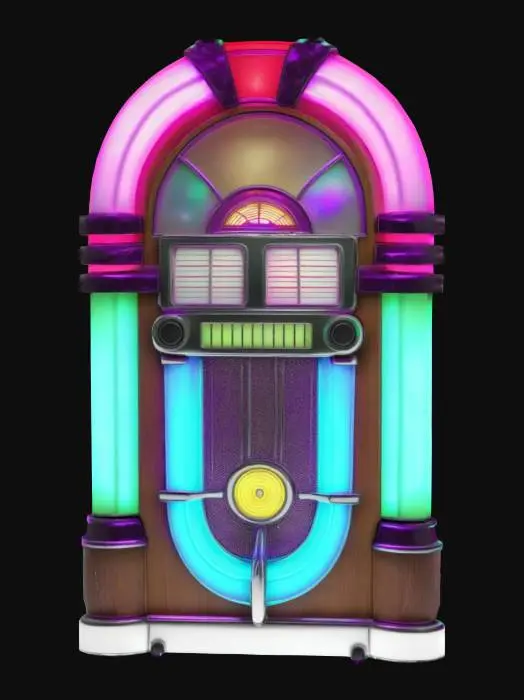3D model for Retro jukebox with the lighting in neon green and purple and cyan, Highly Detailed, Ultra Realistic, luminous, lit, lighted, bold