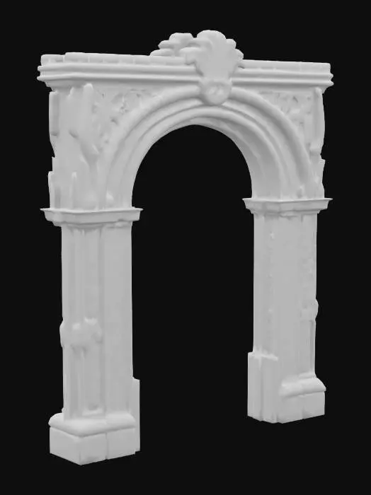 3D model for Botanical Arch, archway, Game Assets, Wood, Stone, Highly Detailed, Ultra Realistic, Carved, hand painted, bold deep lines and edges. 