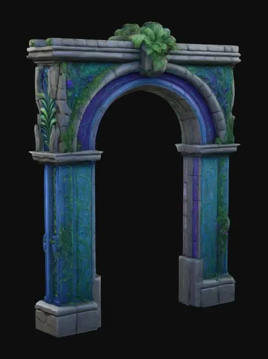 3D model for Botanical Arch, archway, Game Assets, Wood, Stone, Highly Detailed, Ultra Realistic, Carved, hand painted, bold deep lines and edges. 