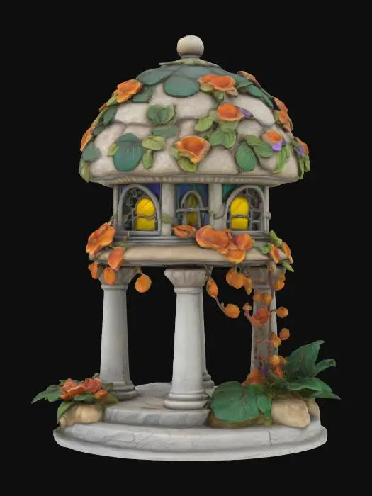 3D model for stone relief botanical mushroom shaped gazebo, leaves and flowers, hand painted, Game Assets, Stained Glass, Highly Detailed, Polished, Ultra Realistic