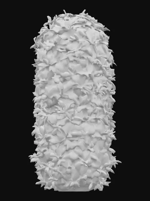 3D model for Bush. A dense, oblong tall bush with a compact, irregular shape, composed of numerous intertwined branches covered in an abundance of small, ovate leaves. The leaves are a dark, lush green, offering a slightly glossy finish on their upper surface and a duller underside, with a subtle vein texture. The branches are woody and stiff, creating a tangled mass. The overall texture is soft and yielding from the foliage but firm at its core, creating a natural, organic form.