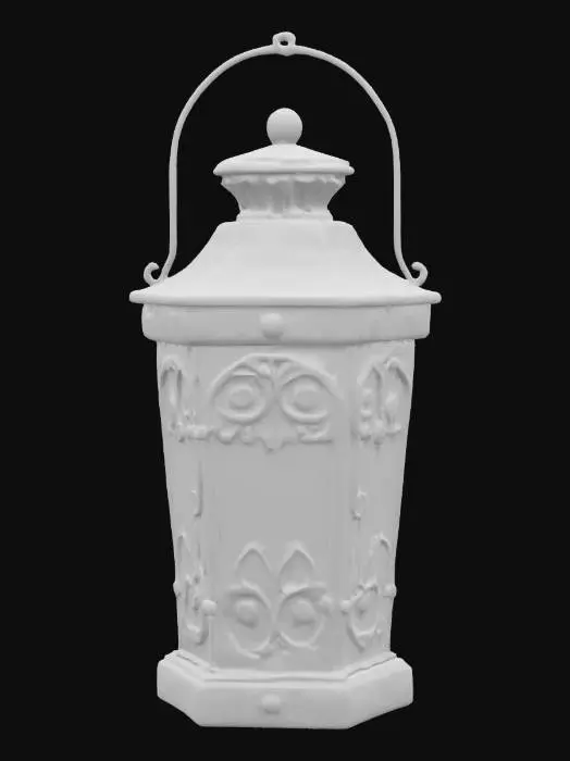 3D model for An ancient, tarnished silver lantern, its hexagonal body adorned with delicate filigree resembling twisting vines. Thin, milky moonstone panels are set into its sides, glowing with a soft, ethereal light. A sturdy, ornate handle arches above, crafted from the same dark, aged metal. Its surface feels cool and slightly uneven to the touch, hinting at forgotten craftsmanship.