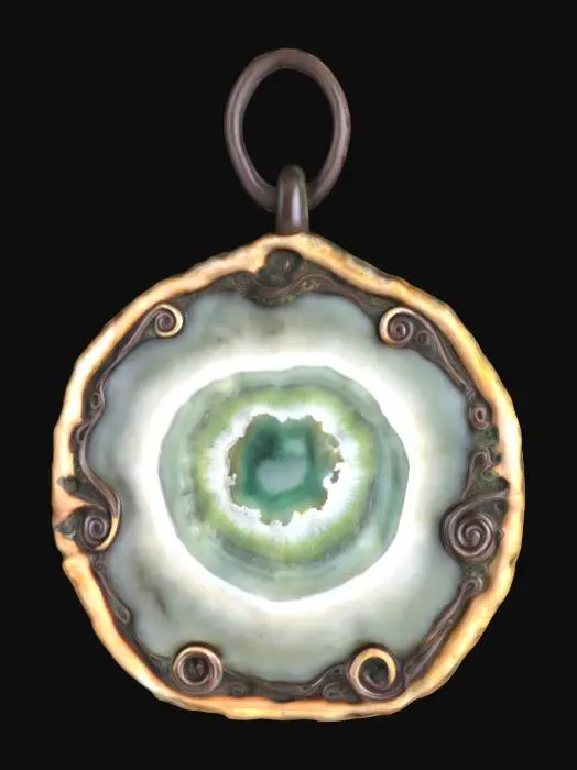 3D model for An organic amulet carved from ancient, petrified wood, smoothed by time and wear. In its center, a polished moss agate cabochon displays swirling patterns of deep green and cloudy white, resembling miniature forests. Delicate, dark brown root tendrils are intricately woven around the central stone, forming an irregular, natural border. It feels warm and earthy, with a comforting weight.