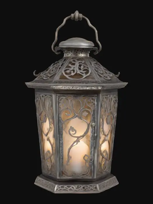 3D model for An ancient, tarnished silver lantern, its hexagonal body adorned with delicate filigree resembling twisting vines. Thin, milky moonstone panels are set into its sides, glowing with a soft, ethereal light. A sturdy, ornate handle arches above, crafted from the same dark, aged metal. Its surface feels cool and slightly uneven to the touch, hinting at forgotten craftsmanship.