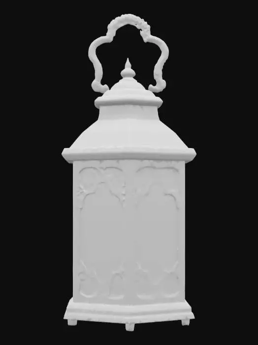 3D model for An ancient, tarnished silver lantern, its hexagonal body adorned with delicate filigree resembling twisting vines. Thin, milky moonstone panels are set into its sides, glowing with a soft, ethereal light. A sturdy, ornate handle arches above, crafted from the same dark, aged metal. Its surface feels cool and slightly uneven to the touch, hinting at forgotten craftsmanship.
