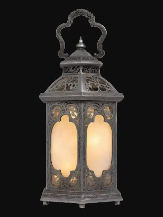 3D model for An ancient, tarnished silver lantern, its hexagonal body adorned with delicate filigree resembling twisting vines. Thin, milky moonstone panels are set into its sides, glowing with a soft, ethereal light. A sturdy, ornate handle arches above, crafted from the same dark, aged metal. Its surface feels cool and slightly uneven to the touch, hinting at forgotten craftsmanship.